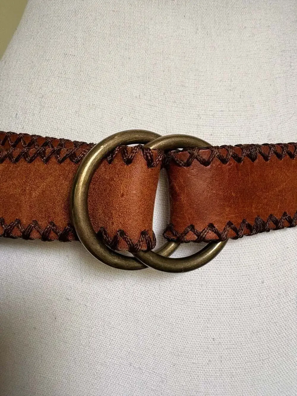 J.Crew Women's S/M Brown Leather Whipstitch Double Ring Belt - Picture 2 of 8